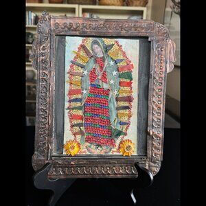 Vintage Mexican Folk Art Copper Shrine Our Lady of Guadalupe Winged Frame
